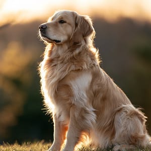 A golden retriever rests outdoors as strong warm sunlight produces a distinct backlit fur halo around its silhouette.