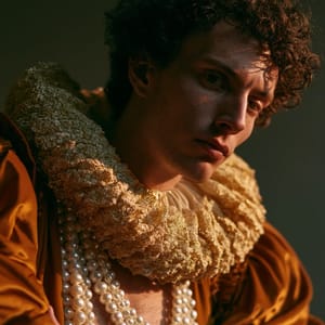 A close-up portrait of a stranger rendered in a dramatic baroque aesthetic, wrapped in deep chiaroscuro shadows with a gilded lace collar.