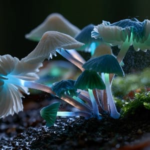 A close-up photograph of wild forest mushrooms glowing with natural bioluminescent lighting on a dark forest floor.