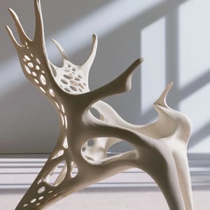 An armchair resembling bone structures and leaf veins, with smooth white flowing curves and seamless organic joints.