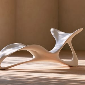 A sleek matte white lounge chair displaying biomorphic design with fluid, bone-like curves, resting in a minimalist studio with warm lighting.