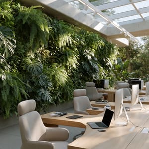 A modern corporate office lobby featuring biophilic design with a floor-to-ceiling living green wall and natural oak desks.