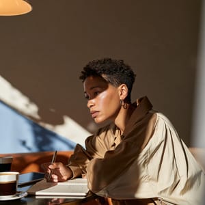 A woman writes in a ledger at a small round café table, espresso cups beside her tablet, cool dusk blue at the window.