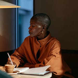 A woman writes in a ledger at a small round café table, espresso cups beside her tablet, cool dusk blue at the window.