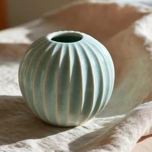 A minimalist fluted ceramic vase glazed in a misty celadon hue, resting on a raw linen cloth under soft window light.