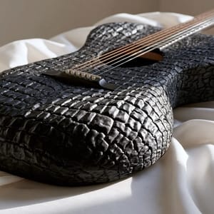 An acoustic guitar body made of heavily cracked, black charred wood, resting on white linen under raking side light.