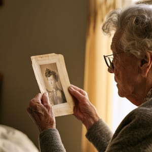 An elderly woman holds a cherished faded photograph in soft golden window light.
