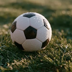 football, A classic hexagon soccer ball resting on dew-kissed green turf under dramatic morning stadium light.