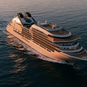 A classic ocean liner glides through calm golden twilight waters, its elegant black hull reflecting softly on the sea.