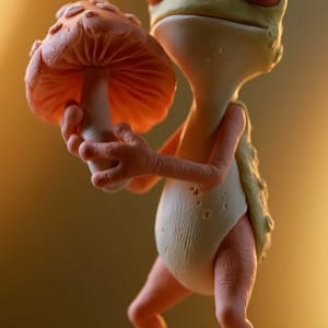 A claymation figure of a small fantasy frog holding a mushroom. 3d cartoon