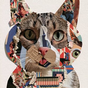 A cat made from collage, with layered cut-paper shapes and torn magazine edges on a neutral background.
