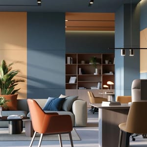 A modern conference room using color blocking with sage green and dusty rose painted on adjacent structural pillars.