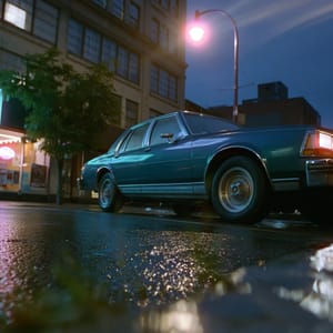 A reflective urban scene on a wet night, neon cyan lights shimmering on pavement, with a teal sedan parked under a violet streetlamp.