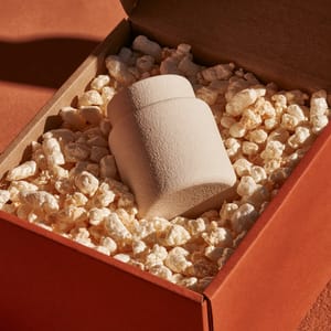 An organic ceramic jar nestled in a cardboard box filled with soft, pale cream cornstarch packing peanuts.