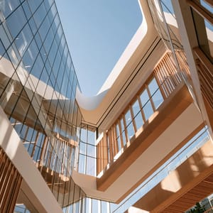 A wide-angle interior view of a sunlit corporate atrium architecture with towering glass panels, warm oak wooden slats, and lush green indoor gardens.