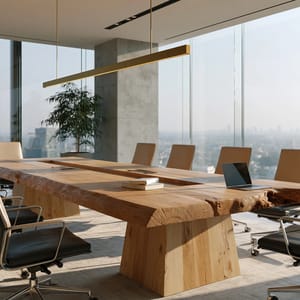 A sleek glass-walled boardroom displaying corporate minimalism with a long oak table, low-saturation neutral tones, and subtle geometric lines.