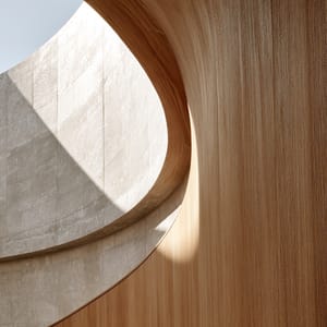Curved cedar millwork sweeps gracefully along the wall of a minimalist architectural corridor in soft ambient light.