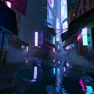 A rainy city street filled with glowing neon signs and towering skyscrapers in the distinct cyberpunk aesthetic.