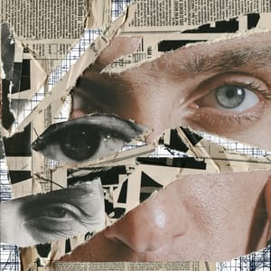An abstract Dadaist collage composed of vintage newsprint clippings, black-and-white portrait fragments, and mechanical gear diagrams.