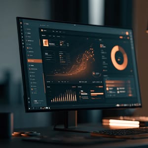 A glowing dark-mode data visualization dashboard displayed on a sleek, ultra-thin desktop monitor in a softly lit, modern executive office.