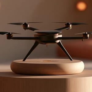 A sleek modern hexacopter hover-docks at a warm wooden station, capturing delivery drone logistics in quiet-luxury style.