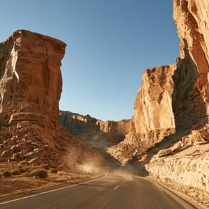 Low angle shot of a desert canyon highway curving between steep red cliffs under warm late afternoon sunlight.