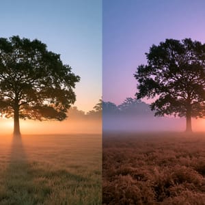 A diptych of a lone tree in a misty field, with the left panel showing the tree in morning light and the right panel in evening light.
