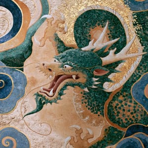 A detailed illustration of a majestic Chinese dragon rendered in Dunhuang mural style with textured mineral pigments, ochre tones, and flowing silk ribbons.