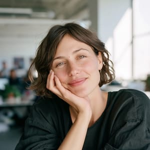 An editorial corporate portrait of a thoughtful tech founder in a sunlit, minimalist office, looking slightly off-camera with a natural, confident expression.