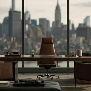 A sunlit executive office suite featuring a sleek dark walnut desk, a low-slung leather armchair, and floor-to-ceiling windows overlooking a soft-focus city skyline.