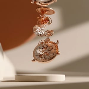 An exploded view of a premium mechanical wristwatch suspended in a minimal gallery, delicate gears and golden metallic parts floating along a clean central axis, soft directional key lighting, muted warm and terracotta tones, low-contrast film-like grade, full-frame macro with shallow depth of field, quiet-luxury commercial photography --ar 4:3 --preview
