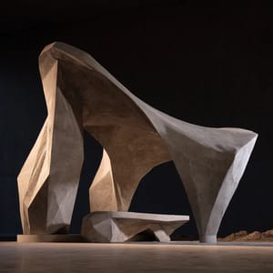 A concrete pavilion rendered in Expressionist architecture, with faceted crystalline walls and a sweeping, asymmetrical roofline.