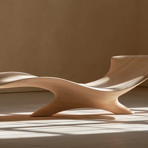 A sculptural lounge chair exemplifying fluid minimalist furniture sits in a serene, sunlit room, its continuous wooden form curving like a single ribbon.
