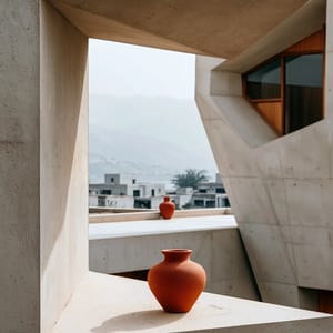 A circular stone portal frames a distant, perfectly centered minimalist bonsai tree sitting on a stone pedestal.