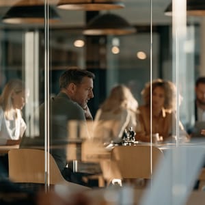 A modern collaborative meeting room viewed through a frameless glass partition with subtle light reflections showing professional teamwork in action.