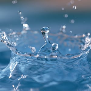 A splash of water captured with a freeze-motion shutter, suspending razor-sharp droplets perfectly still mid-air.