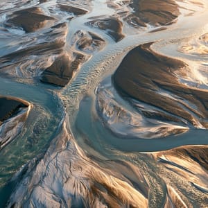 Aerial view of a glacial braided river weaving turquoise silt channels across dark gravel flats.