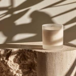A minimalist glass candle vessel cast in soft morning light on a raw stone surface with gentle earth-toned shadows.