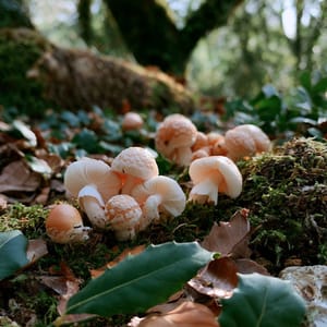 A cluster of wild mushrooms on a mossy log showcasing a Goblincore aesthetic with brass trinkets and dappled light.