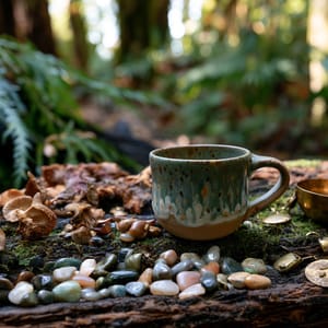 a handcrafted ceramic mug in Goblincore aesthetic, resting on a damp mossy log surrounded by wild mushrooms, shiny pebbles, and tarnished brass trinkets, lit by soft dappled forest light --ar 4:3 --raw --profile 9gfqdl1