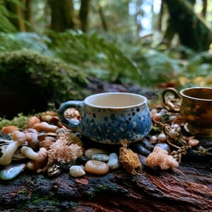 a handcrafted ceramic mug in Goblincore aesthetic, resting on a damp mossy log surrounded by wild mushrooms, shiny pebbles, and tarnished brass trinkets, lit by soft dappled forest light --ar 4:3 --raw --profile 9gfqdl1