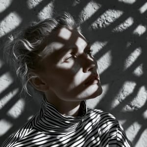 A dramatic portrait of a woman where sharp, geometric shadows from gobo lighting drape across her face and the concrete wall behind her.