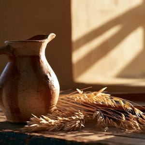 A rustic earthenware pitcher filled with wild wheat sits on a wooden table, bathed in the warm, long-shadowed radiance of golden hour glow.