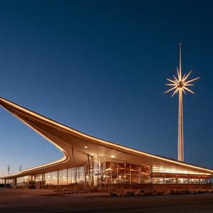 A 1950s roadside diner rendered in Googie architecture with glowing neon trim and a sweeping roof under twilight.