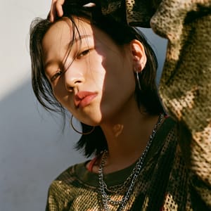 A portrait of a person wearing a worn flannel shirt that embodies a dark and gritty grunge aesthetic with analog grain and distressed details.