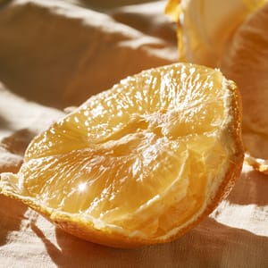 A half-peeled citrus sits on a linen tablecloth, bathed in warm morning sunlight that highlights its glistening pulp.