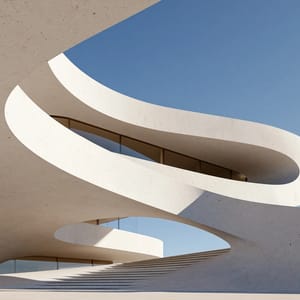 A hyperrealistic architectural impossible structure of pristine white concrete with impossible cantilevers and gravity-defying curves, set against a clear blue sky.