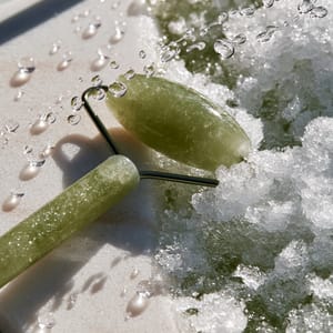 A smooth green jade roller resting on a chilled white marble surface surrounded by fresh water droplets.