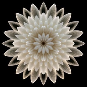 A white lotus flower repeated in a kaleidoscopic symmetry pattern, forming a circular mandala against a black background.