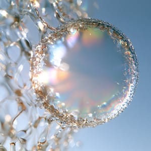 A 3D macro shot of a luminous liposome vesicle floating in soft liquid with iridescent lipid membranes.